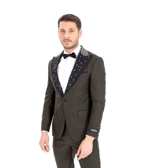 Derman Green Stone Embroidered Collar Tuxedo 2 Piece - Picture 5 of 6